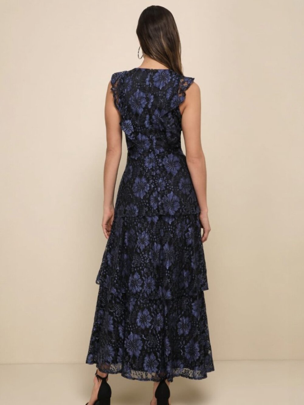 Lulus Molinetto Navy Blue Lace Ruffled Tiered Sleeveless Maxi Dress NWT - Picture 4 of 16